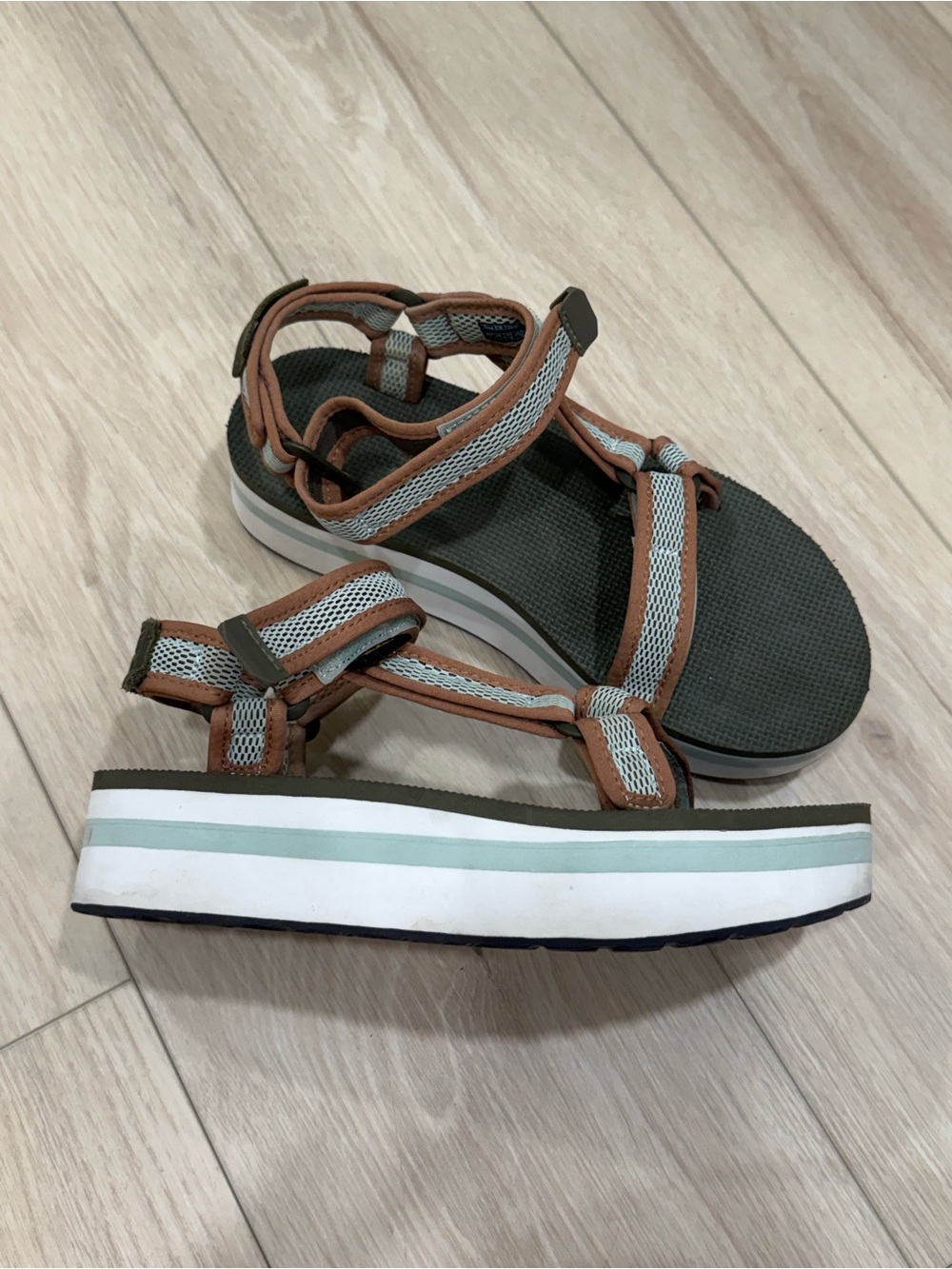 Teva Olive and Tan Platform Sandals with Light Blue Accent
